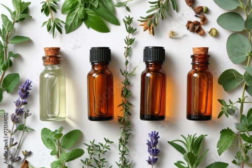vials of essential oil and herbs on a white background. The concept of health photo