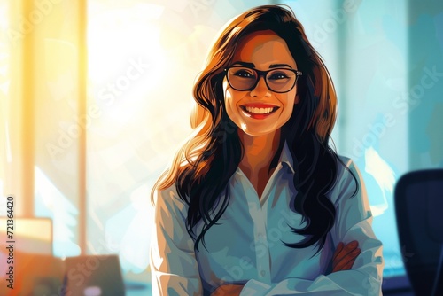 smiling business woman at the office, in the style of realistic chiaroscuro, poster ,backlight , nul group, open form, optical, rounded  photo