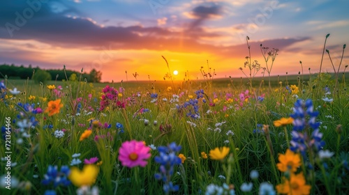Beautiful field with colorful wild flowers foggy landscape at sunrise or dawn photo