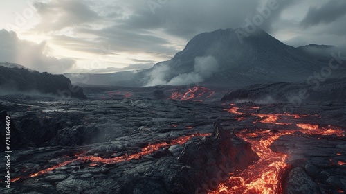 A volcanic landscape with lava rivers, smoky skies, and rugged, blackened terrain © Naseem