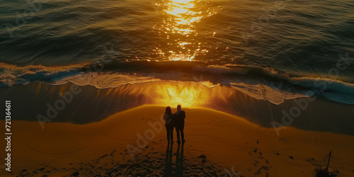 retired couple on the beach  admiring the sunset  drone perspective capturing