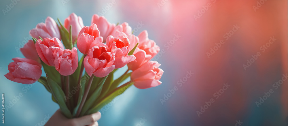Bouquet of pink tulips on a beautiful multicolored background.