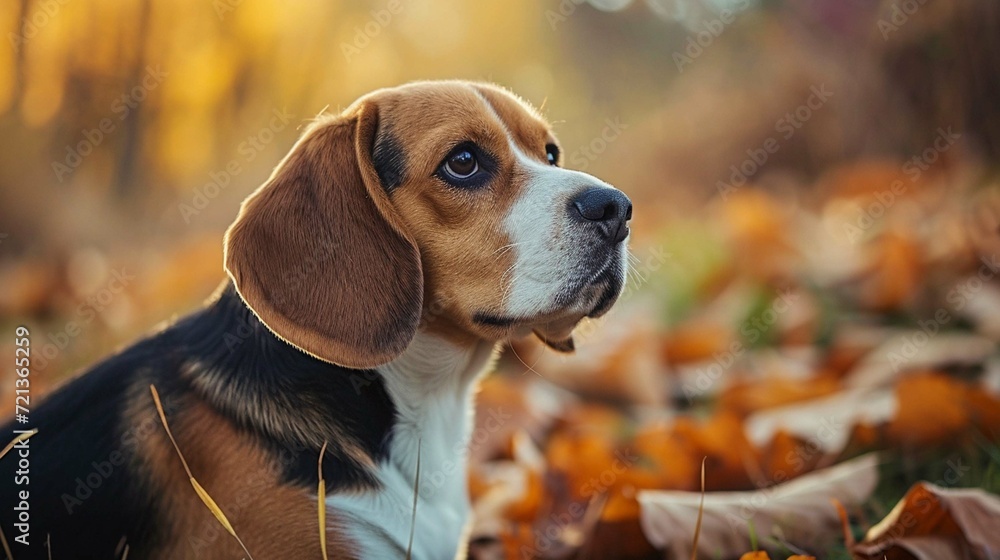 A dog sitting on the autumn leaves 