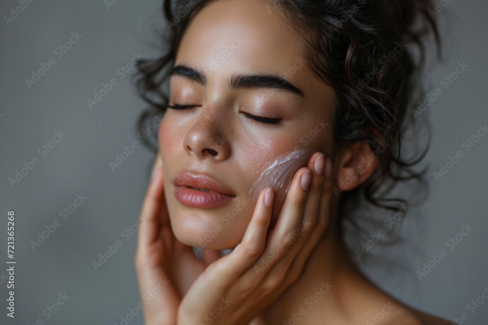 A lovely Hispanic lady with flawless complexion and natural makeup, smiling and pampering her healthy skin against a grey backdrop. A lovely Hispanic lady with flawless complexion and natural makeup, smiling and pampering her healthy skin against a grey backdrop.