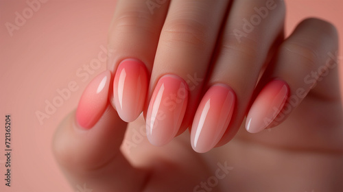 Elegantly Manicured Hand with Pink and Peach Color. Close-Up Glamour Nail Polish with Glossy Finish.