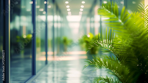 Image of a business office without people with daylight  with a blurred background in the bokeh style  with glass partitions and an evergreen plant with long leaves.