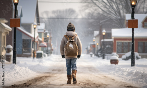 Young boy is going to school with school bag during winter