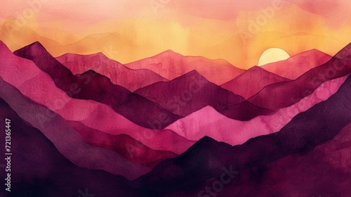 A watercolor abstract of a mountain range at dawn, with peaks touched by golden sunlight against a deep burgundy sky