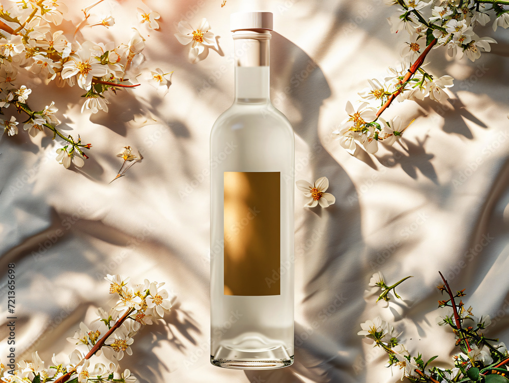 bottle of white gin with mockup label on a white silk background with white flowers