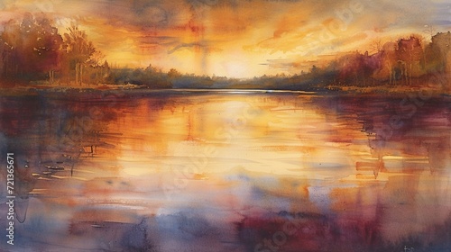 A watercolor abstract of a serene lake at sunset, where the water reflects a symphony of burgundy and gold tones © Naseem