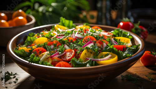 Fresh, healthy salad with organic vegetables on wooden bowl generated by AI