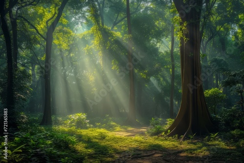 The sun shines through the tall trees in the lush green forest