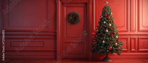 Christmas tree enters the door. Christmas is here concept on red background with copy space. 3D Rendering, 3D Illustration