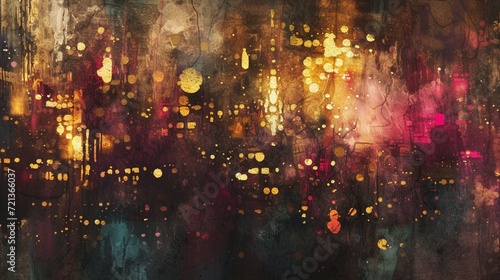 A watercolor abstract representation of a bustling city at night, with lights blurring into a tapestry of gold and burgundy