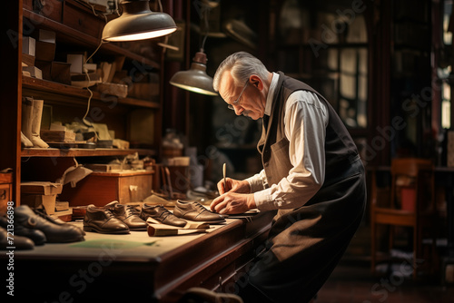 Old senior man shoemaker working at craft workshop at night. Generative AI © Nomad_Soul