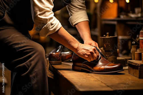 Hands of shoemaker repairing shoes in workshop. Generative AI