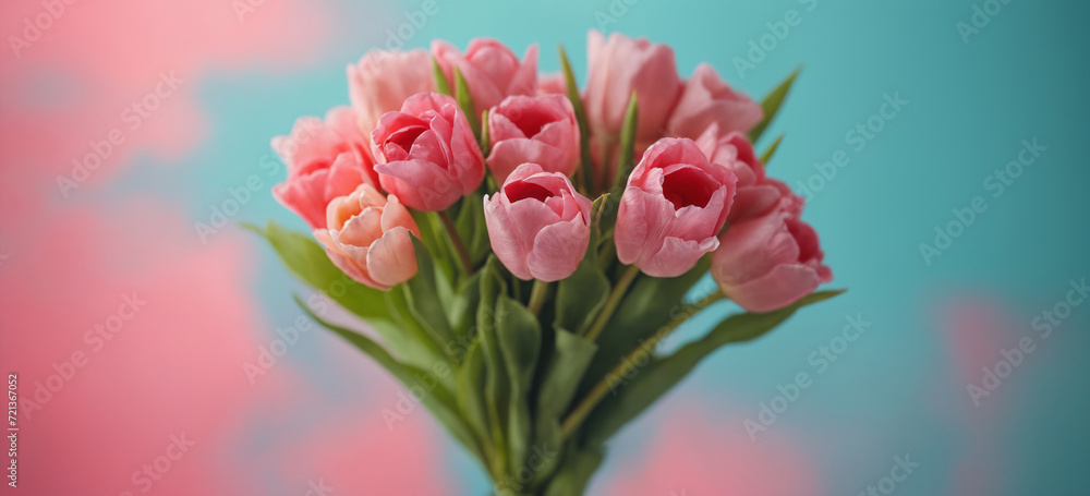 Bouquet of pink tulips on a beautiful multicolored background.