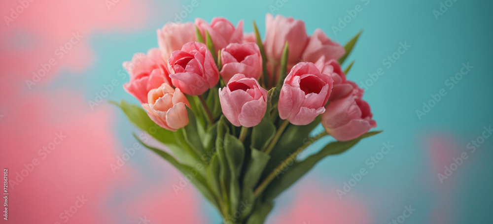 Bouquet of pink tulips on a beautiful multicolored background. Bouquet of pink tulips on a beautiful multicolored background.