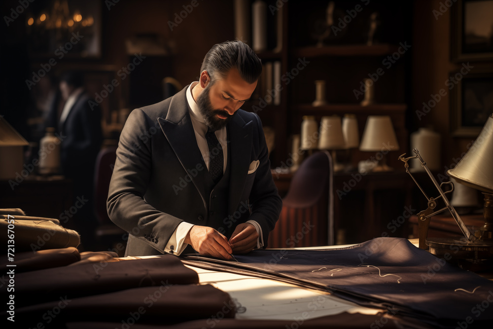 Elegant tailor at work in dark craft studio. Generative AI Elegant tailor at work in dark craft studio. Generative AI