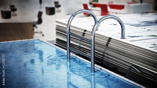 Document folder mechanism illustrated as swimming pool ladder. Business and vacations concept. 3D illustration #721367217