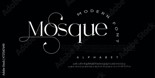 Mosque premium luxury elegant alphabet letters and numbers. Elegant wedding typography classic serif font decorative vintage retro. Creative vector illustration