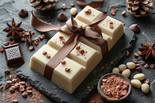 Bar of white chocolate tied with a ribbon and bow. Gift for White Day © Sunshine