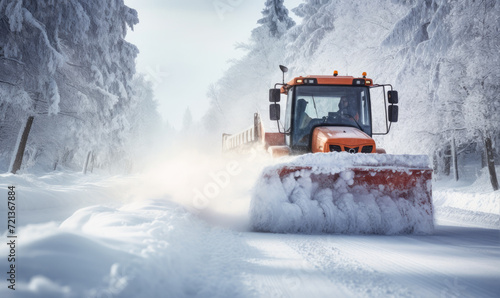 Tractor with a snow plow is plowing snow from a road during hard winter.