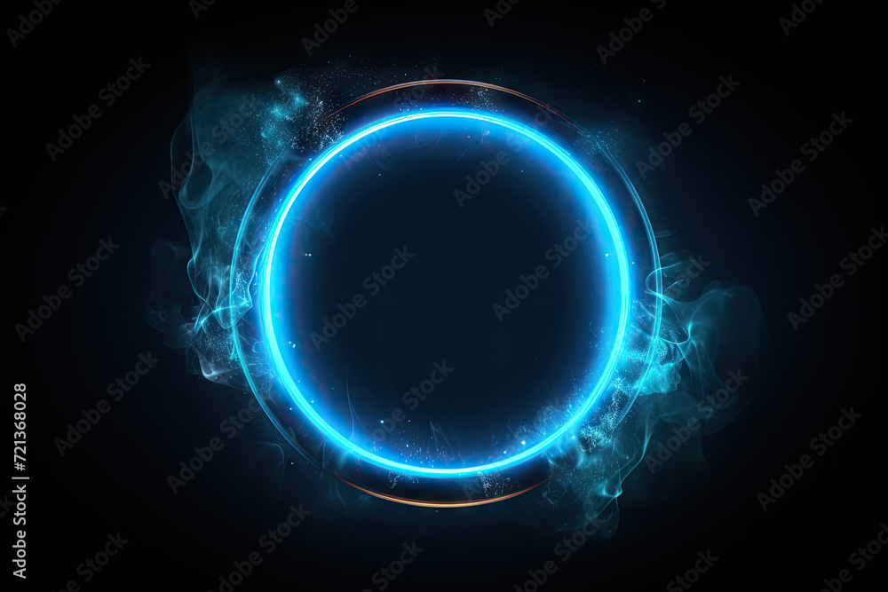Obraz premium Blue neon round frame with smoke on black background. 3D rendering