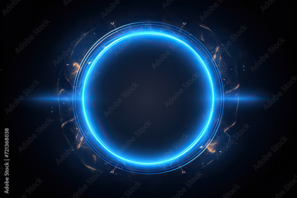 Blue neon round frame with smoke on black background. 3D rendering