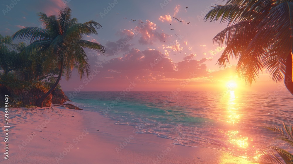 Tranquil setting of a beach with coconut trees and a setting sun