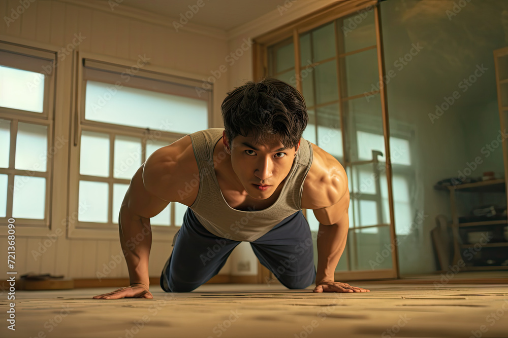 Fototapeta premium Handsome young Asian man doing push-ups on the floor at home