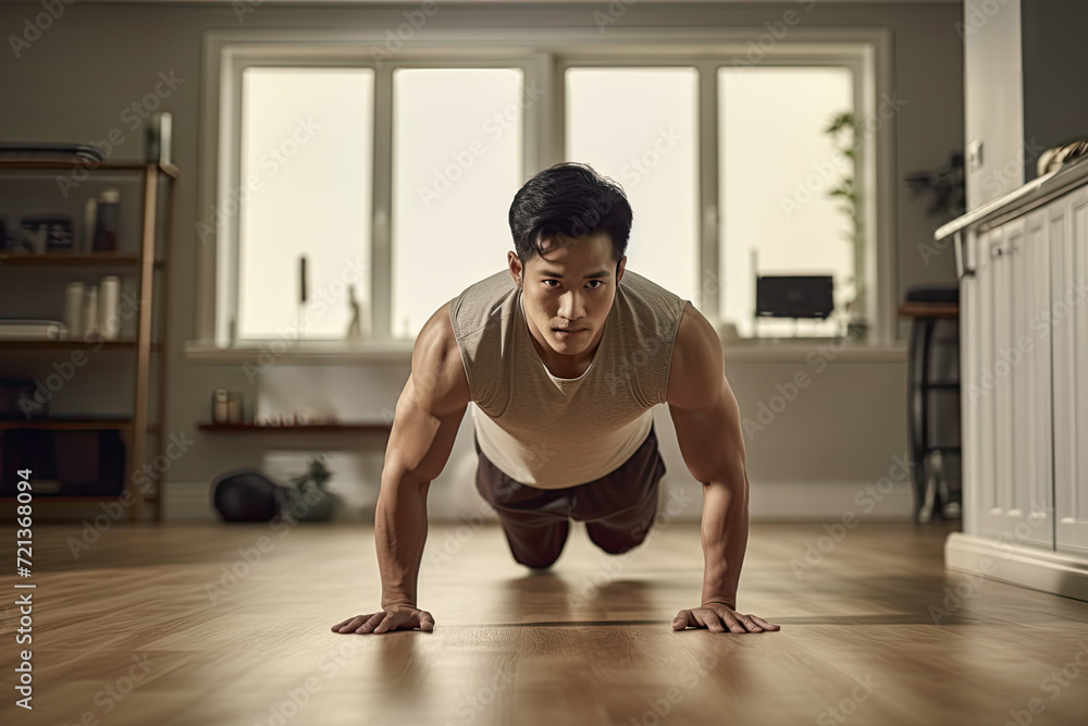 Fototapeta premium Handsome young Asian man doing push-ups on the floor at home