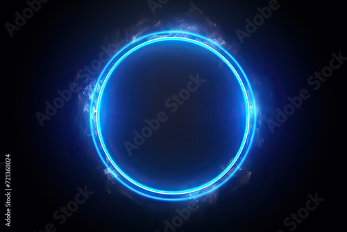 Blue neon round frame with smoke on black background. 3D rendering