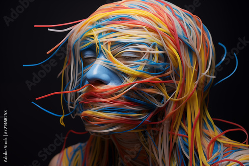 Human face covered by rubber bands on black background. Generative AI