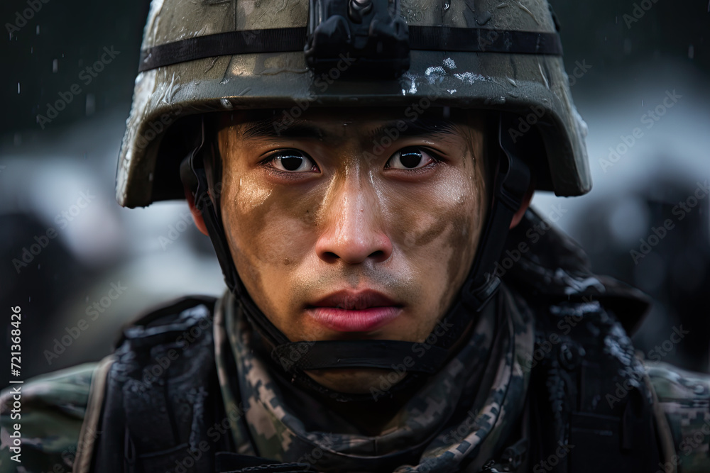 Portrait of a young Asian soldier in a military uniform looking at the camera