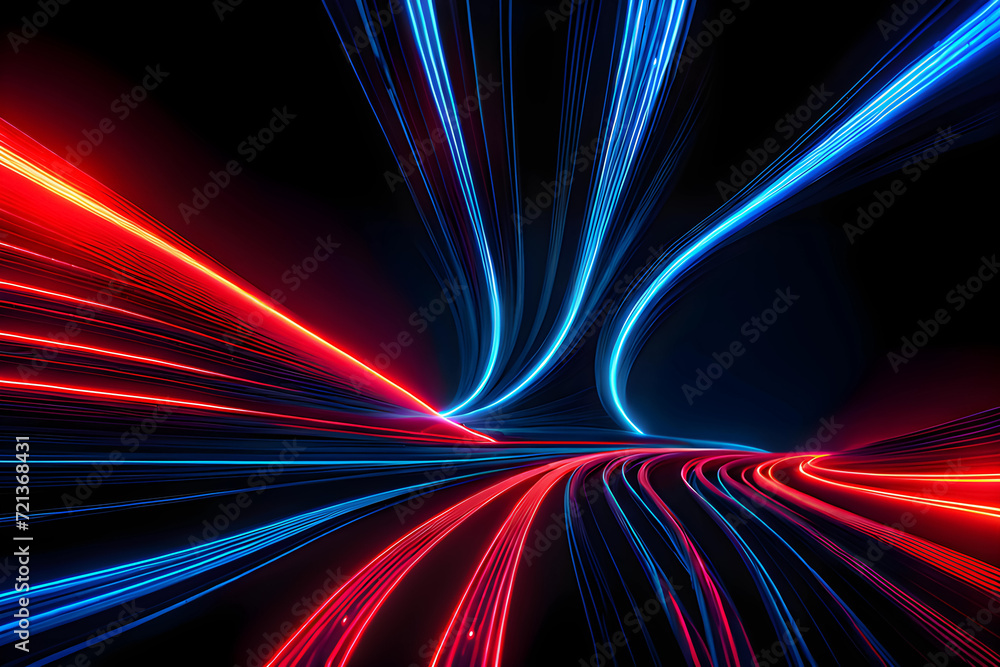 3d render, abstract background Bright red and blue neon rays, glowing lines