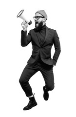 Funny portrait of an emotional jumping guy with a megaphone. Collage in magazine style. Discount, sale season. Information concept. Attention news!