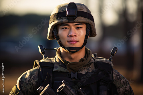 Portrait of a young Asian soldier in a military uniform looking at the camera © Kitta