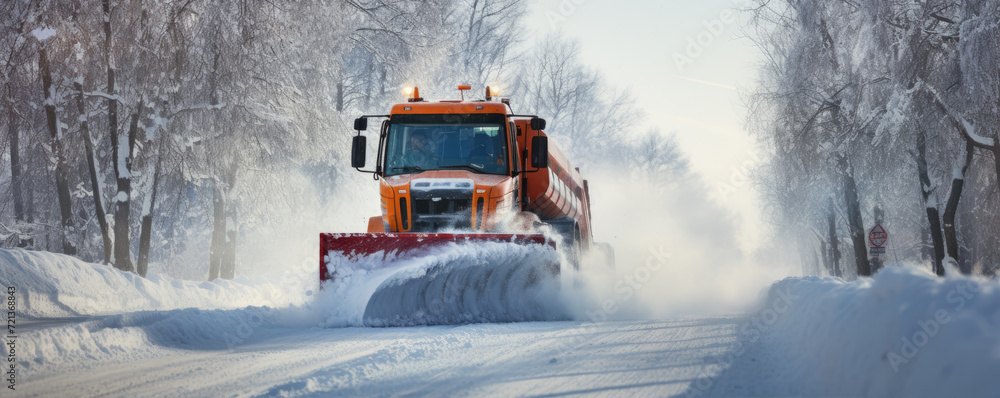 Snow plow truck is plowing snow from a road during hard winter Snow plow truck is plowing snow from a road during hard winter