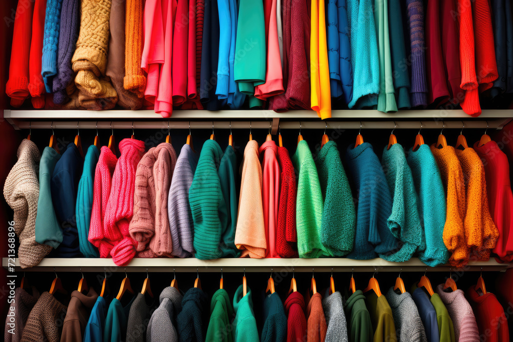 Colorful knitted sweaters hanging on hangers in clothing store Colorful knitted sweaters hanging on hangers in clothing store