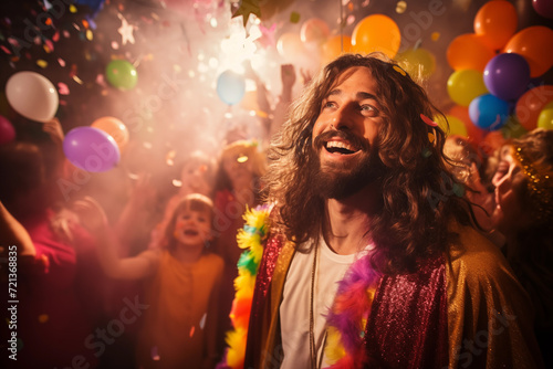 Happy Jesus having fun in party with kids. Generative AI