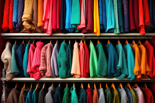 Colorful knitted sweaters hanging on hangers in clothing store