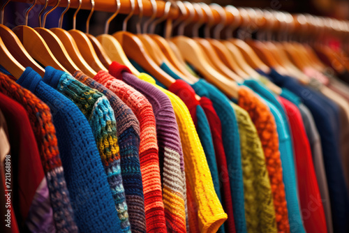 Colorful knitted sweaters hanging on hangers in clothing store