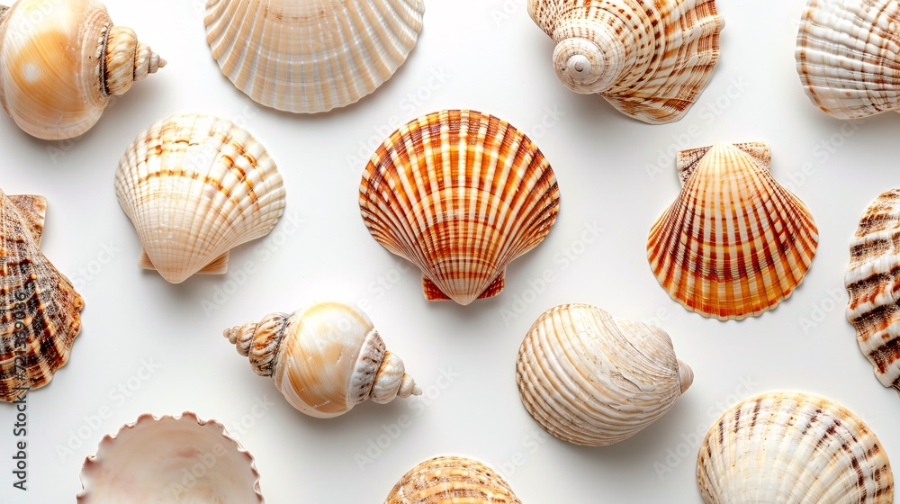 Pristine seashells on a blank backdrop captured in superior resolution. Pristine seashells on a blank backdrop captured in superior resolution.