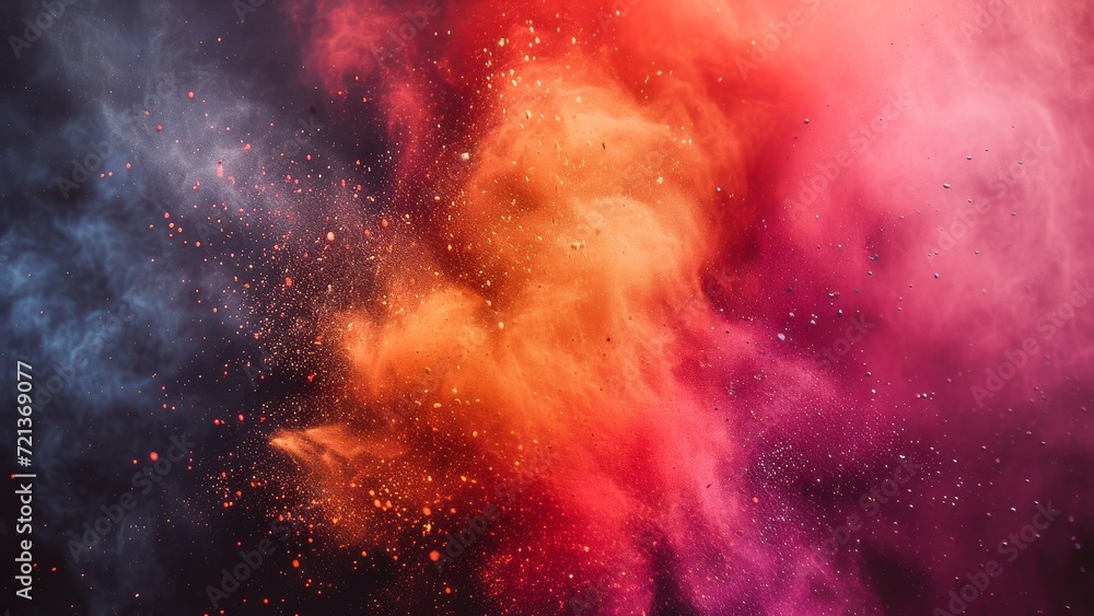 An abstract explosion of vibrant red and purple particles resembling a colorful cosmic event.