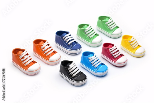 Children's footwear on a blank backdrop, infant footwear, ankle boots, athletic shoes.