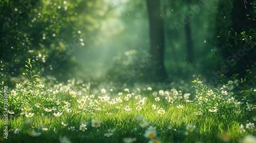 A magical glade in a forest, where sunlight filters through the trees, illuminating the delicate daisy blossoms in a dance of light and shadow. photo
