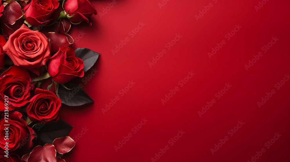 Valentine's Day banner with blank space for text top view red background, red rose, and love background concept Valentine's Day banner with blank space for text top view red background, red rose, and love background concept