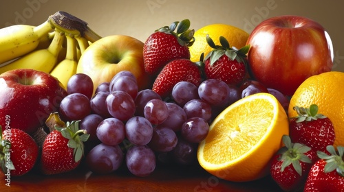 A variety of fruits are arranged on a table