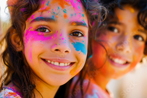 Close-up image of joyful children with colorful faces celebrating the Holi festival, expressing happiness and cultural tradition. © apratim